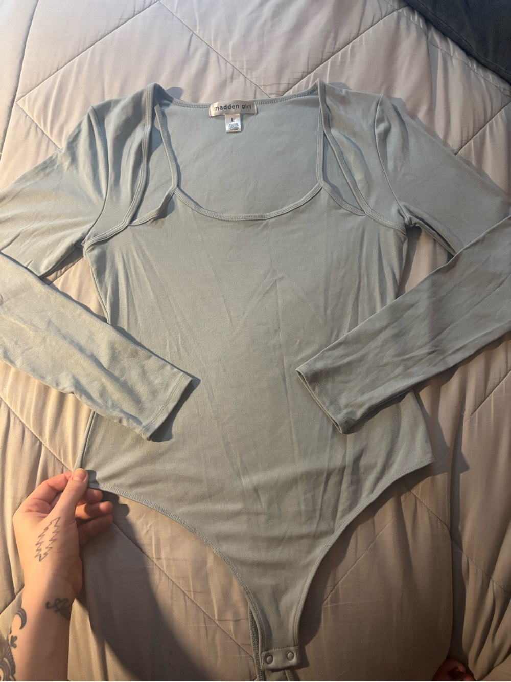 Madden Girl Sage Green Long-Sleeve Scoop Neck Bodysuit